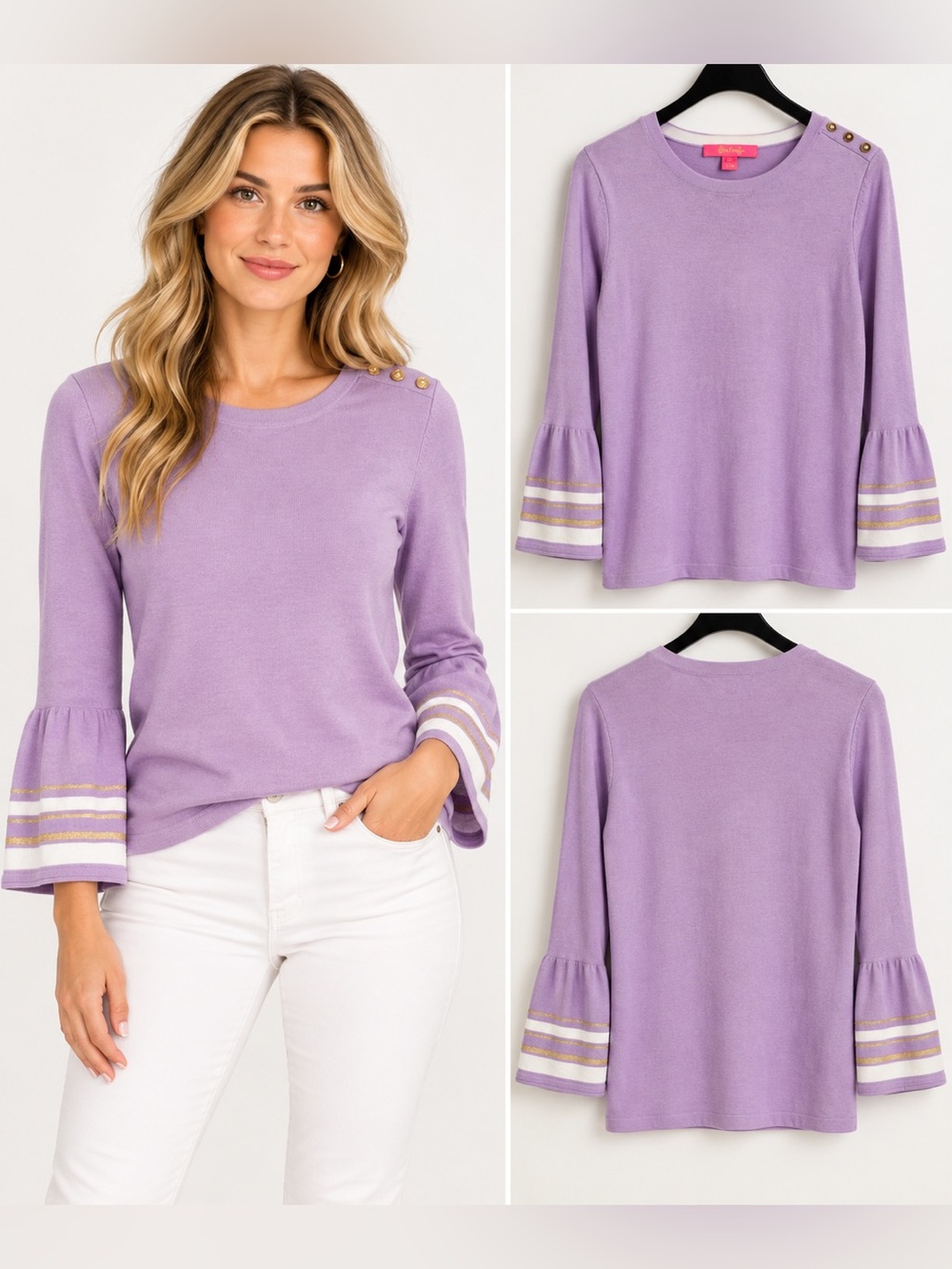 Lilly Pulitzer Callee Sweater S Lilac Freesia Bell Sleeve Metallic Stripe